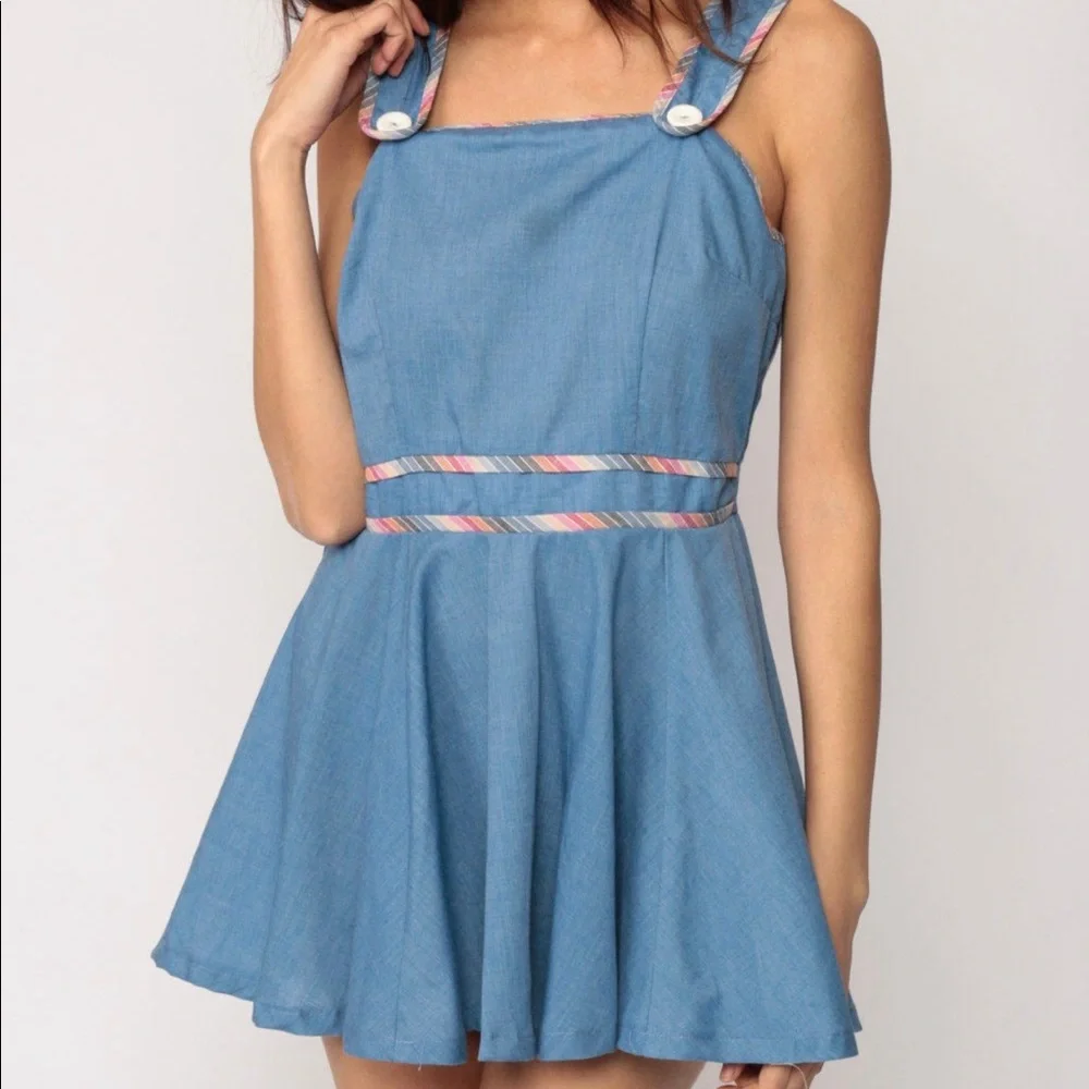 Jumper Dress 70s Mod Mini CHAMBRAY Pinafore Boho 1970s Vintage Medium Large - Picture 2 of 5